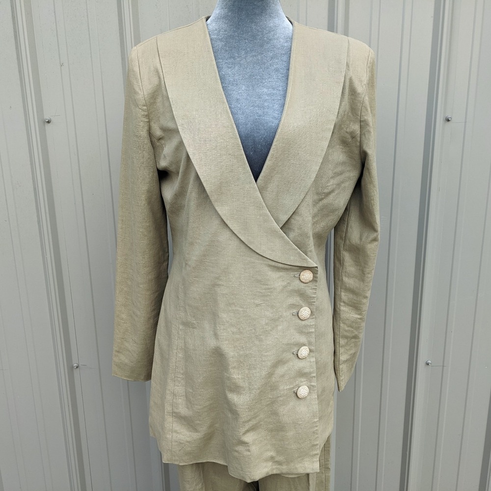 Vintage 90s Linen 2-Pc Pant Suit Set Sz 12 Khaki Wide Leg Shawl Collar Blazer - Picture 5 of 16